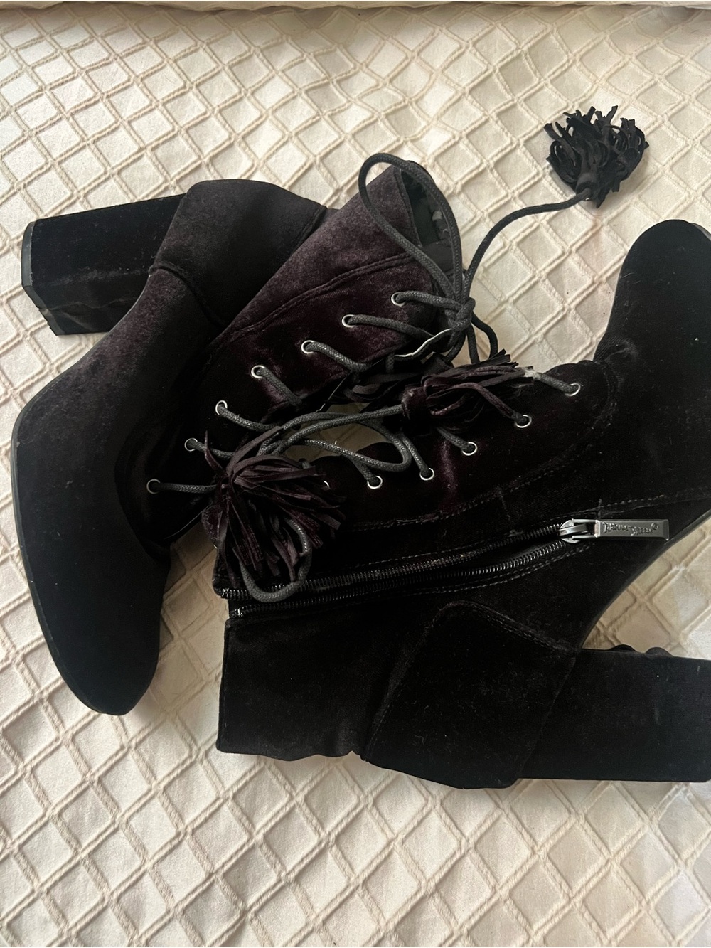 Women's Black Velvet Lace-Up Block Heel Booties with Tassel Detail